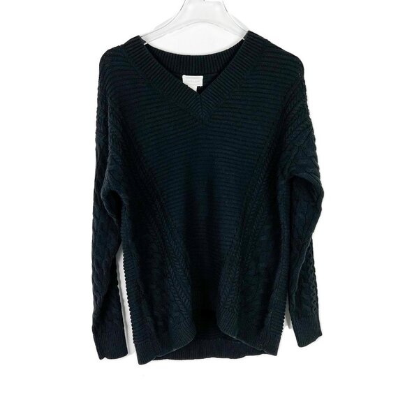 NWT Caslon Cable Knit Sleeve V-Neck Ribbed Sweater In Black Size XS NEW - Picture 2 of 10